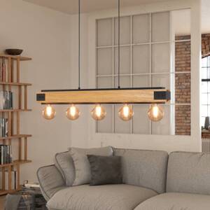 Závesná lampa Layham, čierna/svetlé drevo, dĺžka 96 cm, 5 svetiel.