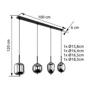 Závesná lampa Blacky, čierna/dymovo sivá, dĺžka 110 cm, 4 svetlá.