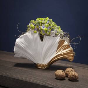 KARE Ginkgo Elegance váza, výška 18 cm, kamenina, biela, zlatá
