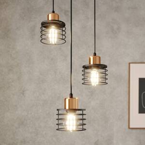 Edisonova závesná lampa v čiernej/medenej farbe, okrúhla, 3 svetlá