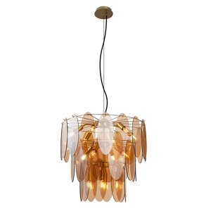Závesná lampa Art Deco zlatá s jantárovým sklom oválna 14-svetiel - Mochan