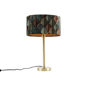 Stolná lampa mosadzná s oválnym zamatovým tienidlom s motívom listov 35 cm - Simplo