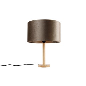 Stolná lampa drevená so zamatovým tienidlom sivohnedá 35cm - Mels