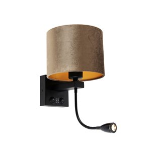 Nástenná lampa čierna s hnedým zamatovým tienidlom 18 cm - Brescia